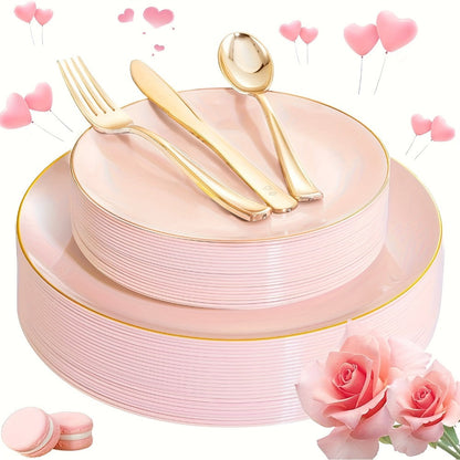 Disposable Plastic Plates Set 50 Piece – Pink Gold Rim Party Tableware with Dinner Plates, Dessert Plates & Utensils for Birthday Wedding