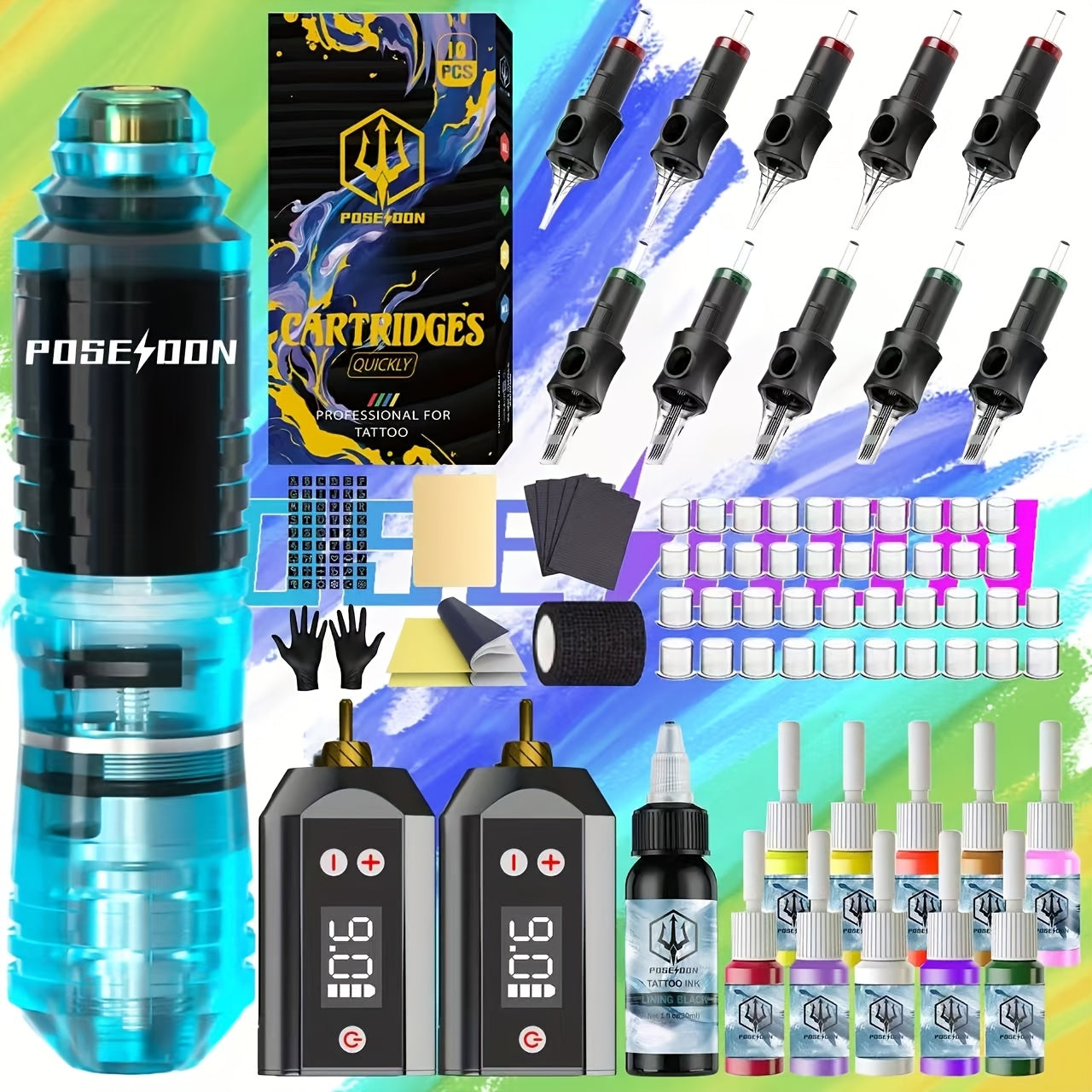 Tattoo Pen Kit Complete Beginner Set - Wireless Battery Tattoo Pen 1400mAh LCD Screen, 10pcs Cartridge Needles