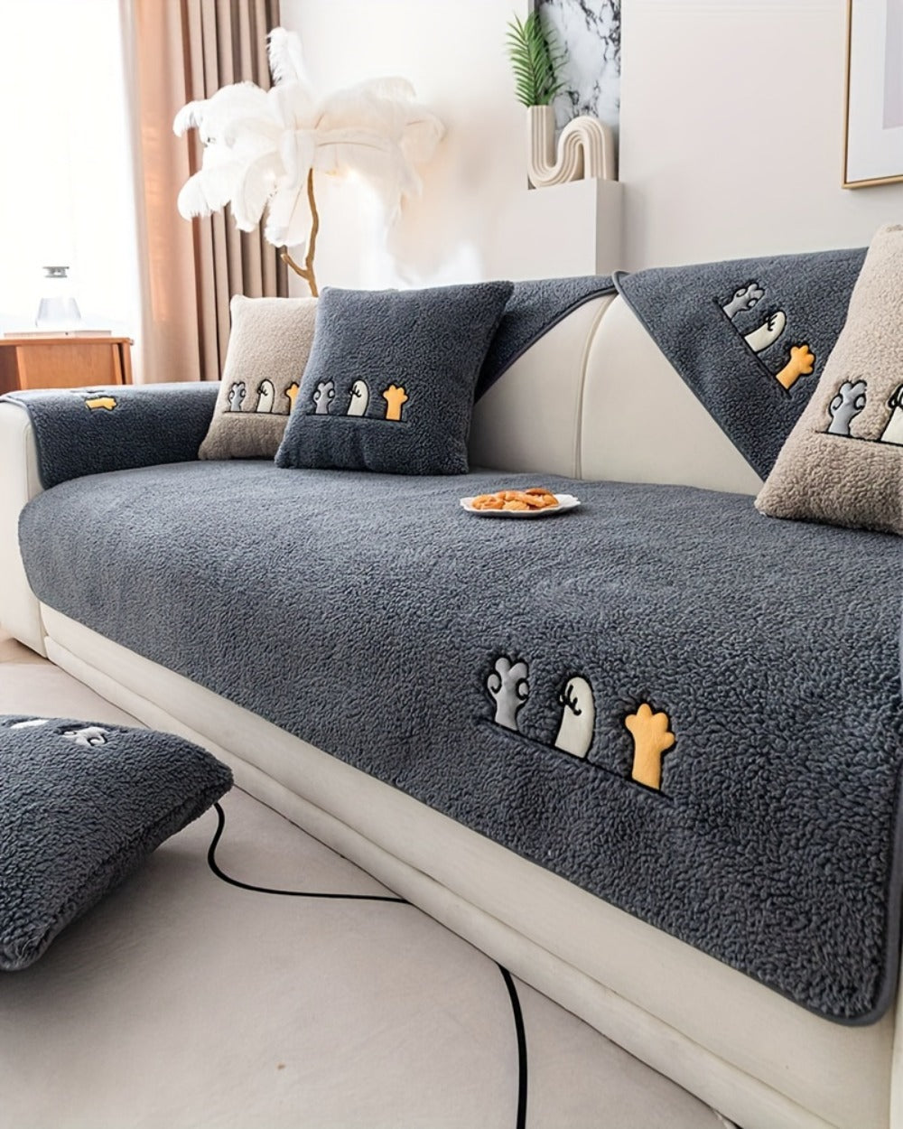 Sofa Cover Thick Plush Shearling Panels with Animal and Bone Embroidery and Backing Detail for 2 to 4 Seats