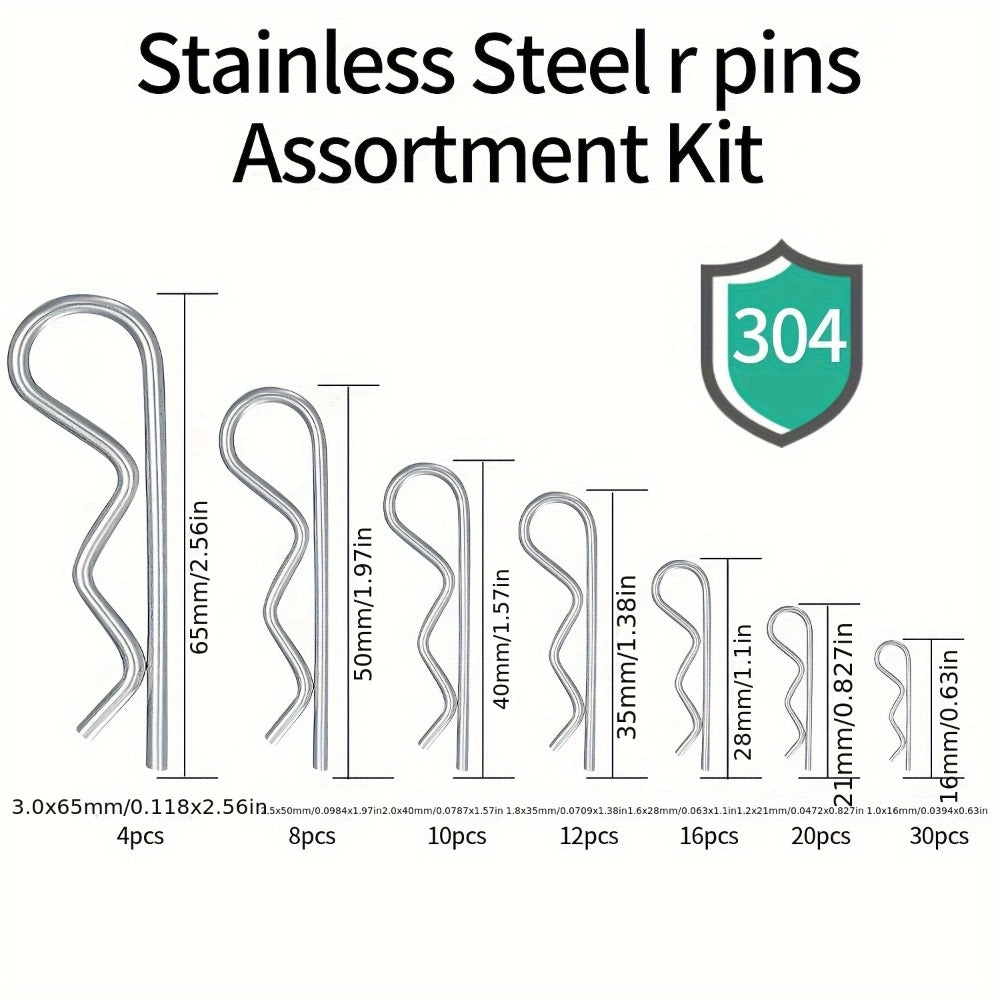 100pcs Stainless Steel R Cotter Pin Assortment Kit – R-Clip Spring Retaining Pins 7 Sizes for Trailer Hitch Automotive Marine Lawn Mower