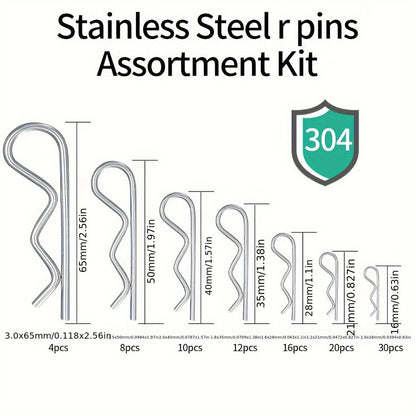 100pcs Stainless Steel R Cotter Pin Assortment Kit – R-Clip Spring Retaining Pins 7 Sizes for Trailer Hitch Automotive Marine Lawn Mower