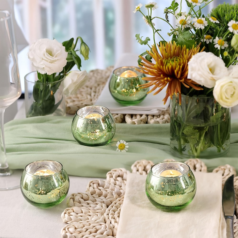 Round Glass Votive Candle Holder Sets in Gold, Pink, Silver or Green with 6-, 12- or 24-Piece Options