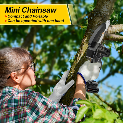 Electric Mini Chainsaw 6-Inch with Debris Guard & Toolbox - Cordless Handheld Pruning Saw with Safety Lock