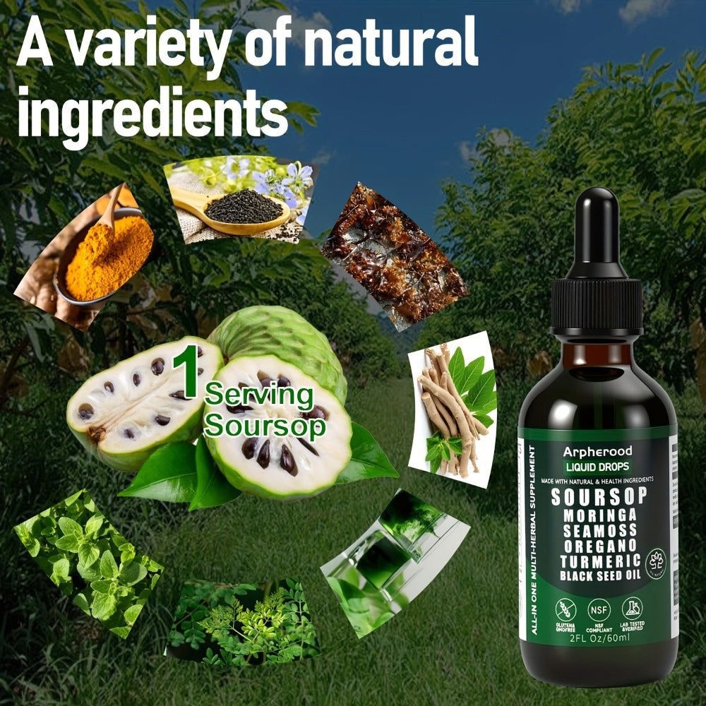 Soursop Graviola Liquid Drops 2 Fl Oz, Leaf & Fruit Blend with Sea Moss, Elderberry & Black Seed Oil