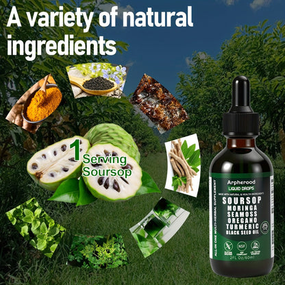 Soursop Graviola Liquid Drops 2 Fl Oz, Leaf & Fruit Blend with Sea Moss, Elderberry & Black Seed Oil