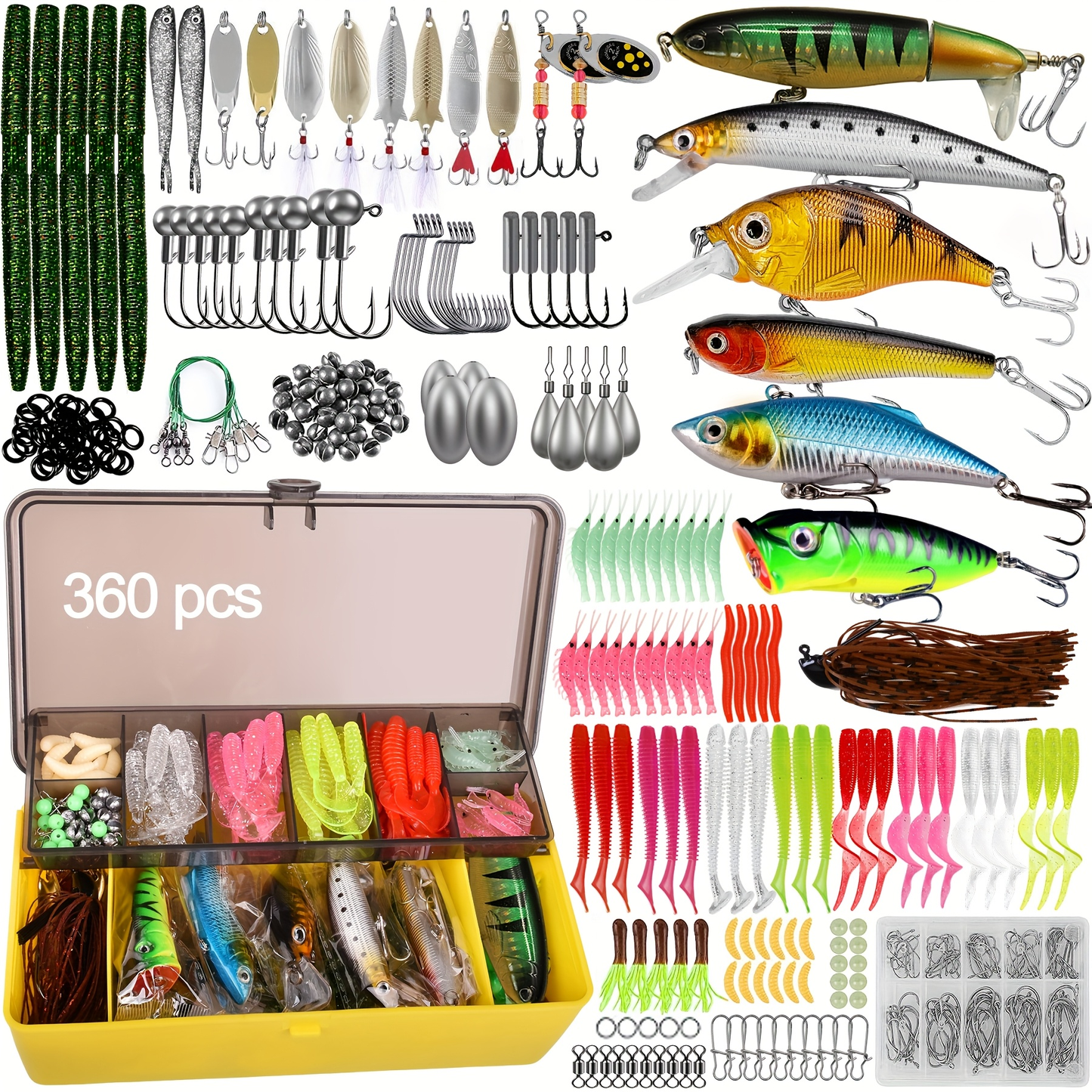 Fishing Lures Tackle Box Kit 52–360pcs – Animated Lures, Crankbaits, Spinnerbaits, Soft Plastic Worms & Topwater Lures for Bass, Trout