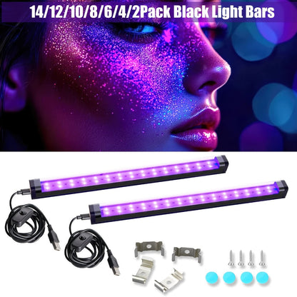 USB UV Black-Light Bar Set with Inline Switches, Mounting Hardware and 2-, 4-, 10-, 12- or 14-Pack Options