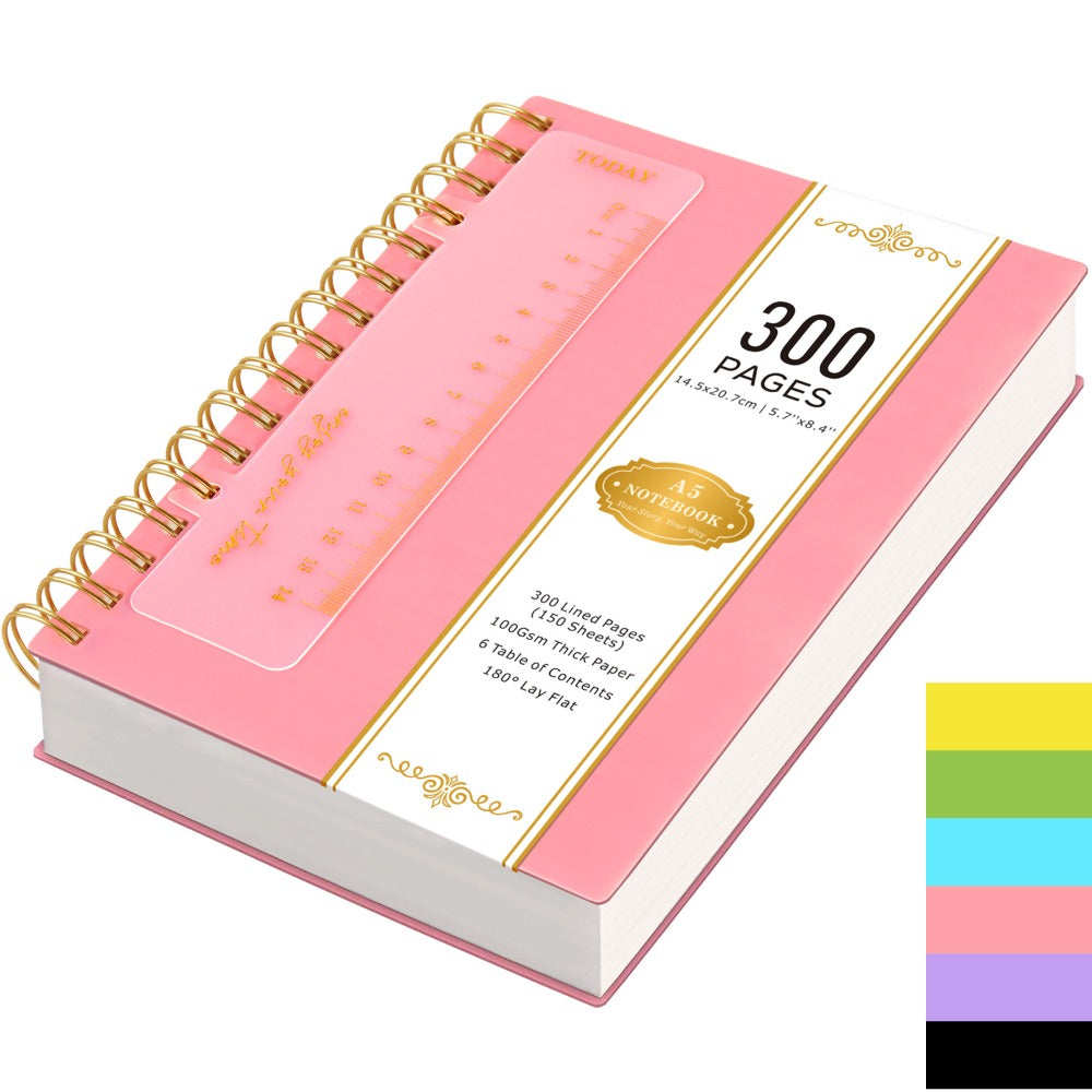 Hardcover Spiral Notebook A5 Lined Journal 300 Pages 100GSM Thick Paper PVC Waterproof Cover College Ruled Note Pad for Women Men Office