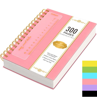 Hardcover Spiral Notebook A5 Lined Journal 300 Pages 100GSM Thick Paper PVC Waterproof Cover College Ruled Note Pad for Women Men Office