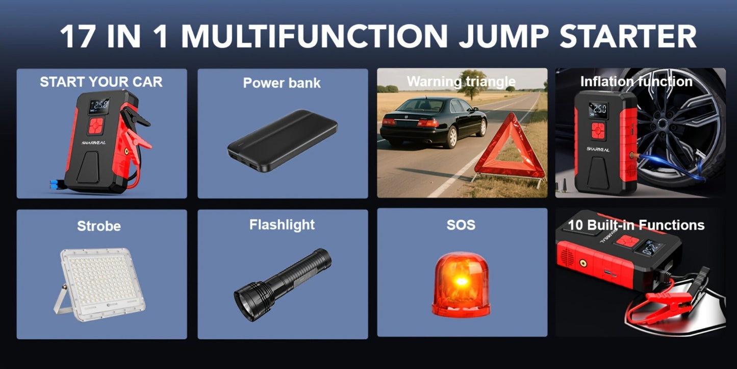 Portable Jump Starter with Air Compressor – 15000A-19000A Peak 350PSI 12V 17-in-1 Car Battery Jump Starter, Digital Display