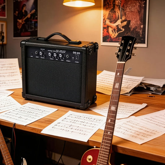 20W Electric Bass Guitar Amplifier with 6.5-Inch Speaker, Volume Treble Bass Middle Controls, Headphone Output Jack