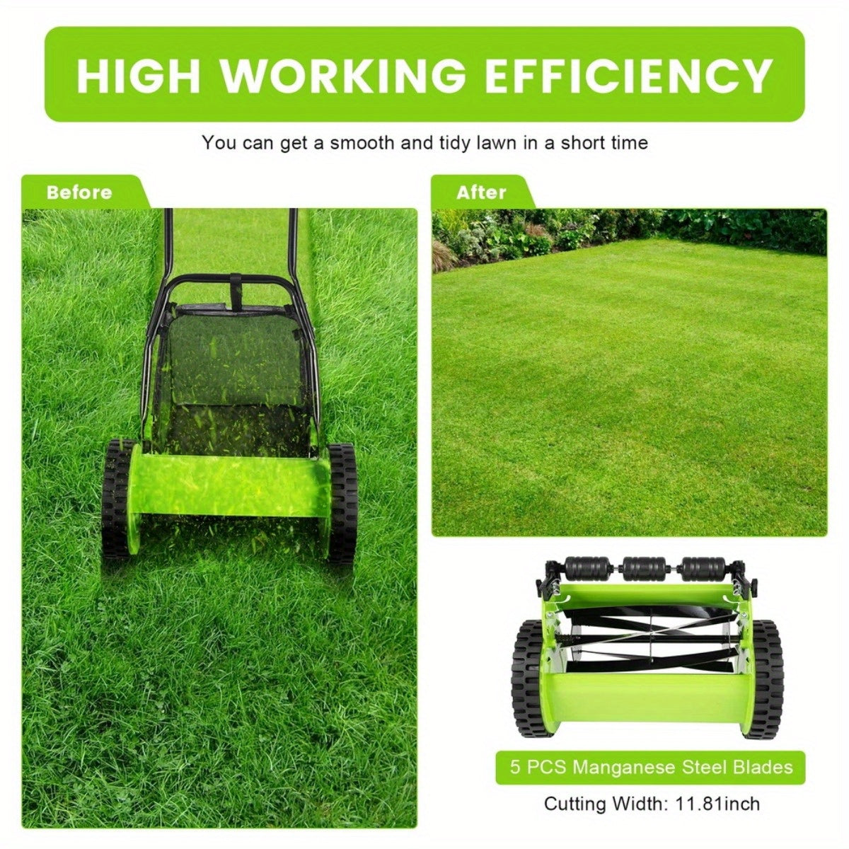 Manual Reel Lawn Mower 5-Blade Push Mower 11.8-Inch Cutting Width Adjustable Height 0.47"-1.77" for Garden, Patio and Yard Use