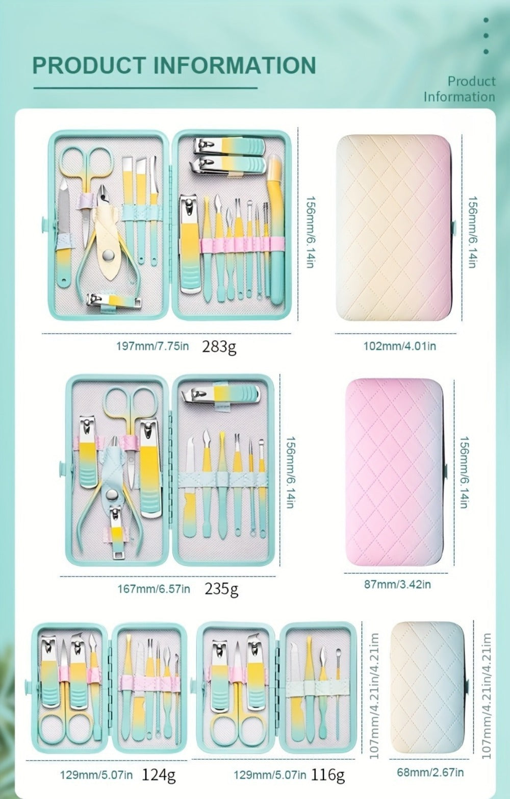 Eighteen-Piece Manicure and Pedicure Kit with Gradient Case, Clippers, Scissors, Files and Pushers