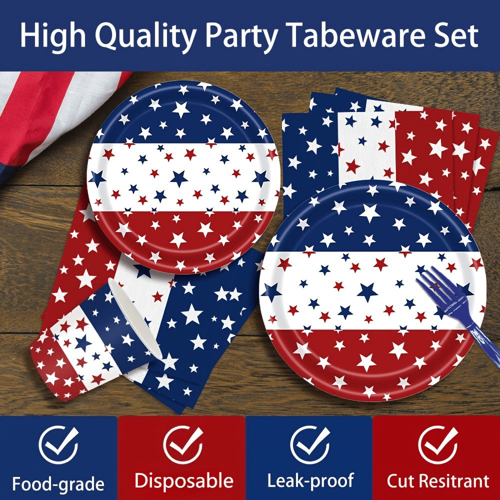 Patriotic Tableware Party Supplies Set with 140 Pieces for 20 Red White Blue Star-Print Settings