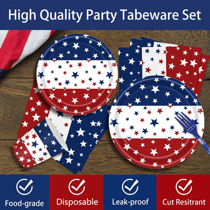 Patriotic Tableware Party Supplies Set with 140 Pieces for 20 Red White Blue Star-Print Settings