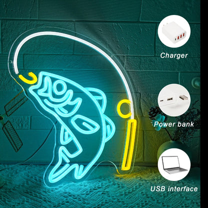 Fishing Neon Sign LED Wall Decor, Dimmable Multicolor Go Fishing Hook Neon Light for Man Cave, Bedroom