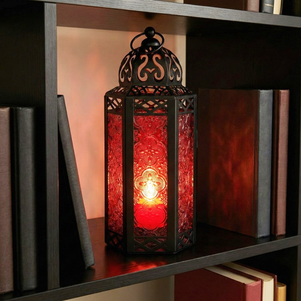 Moroccan Candle Lantern Holder - Decorative Metal & Glass Lantern with Embossed Floral Design for Indoor Home Decor