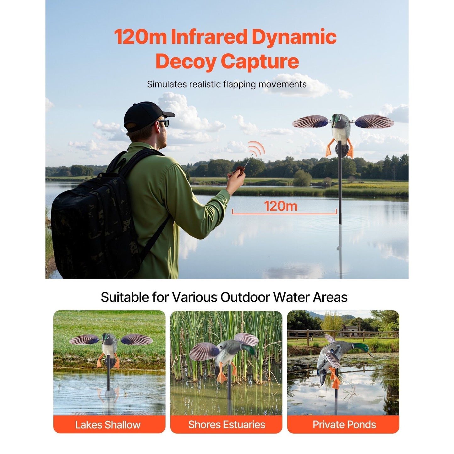 Remote Control Duck Decoy with Spinning Wings – 120M Infrared RC Realistic Teal Hunting Decoy | Bionic Motion Wing Flapping