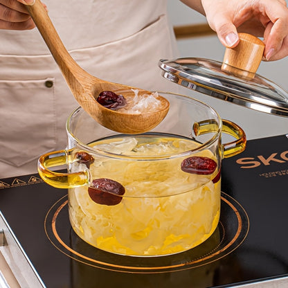 1.6L Transparent Glass Cooking Pot with Lid and Green or Yellow Side Handles for Soup, Noodles and Milk