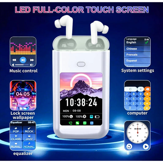 5000mAh Battery Wireless Earphones 3-in-1 HiFi Stereo LED Touch Screen Multiple EQ for Bedside Audio, Alarms and Room Entertainment