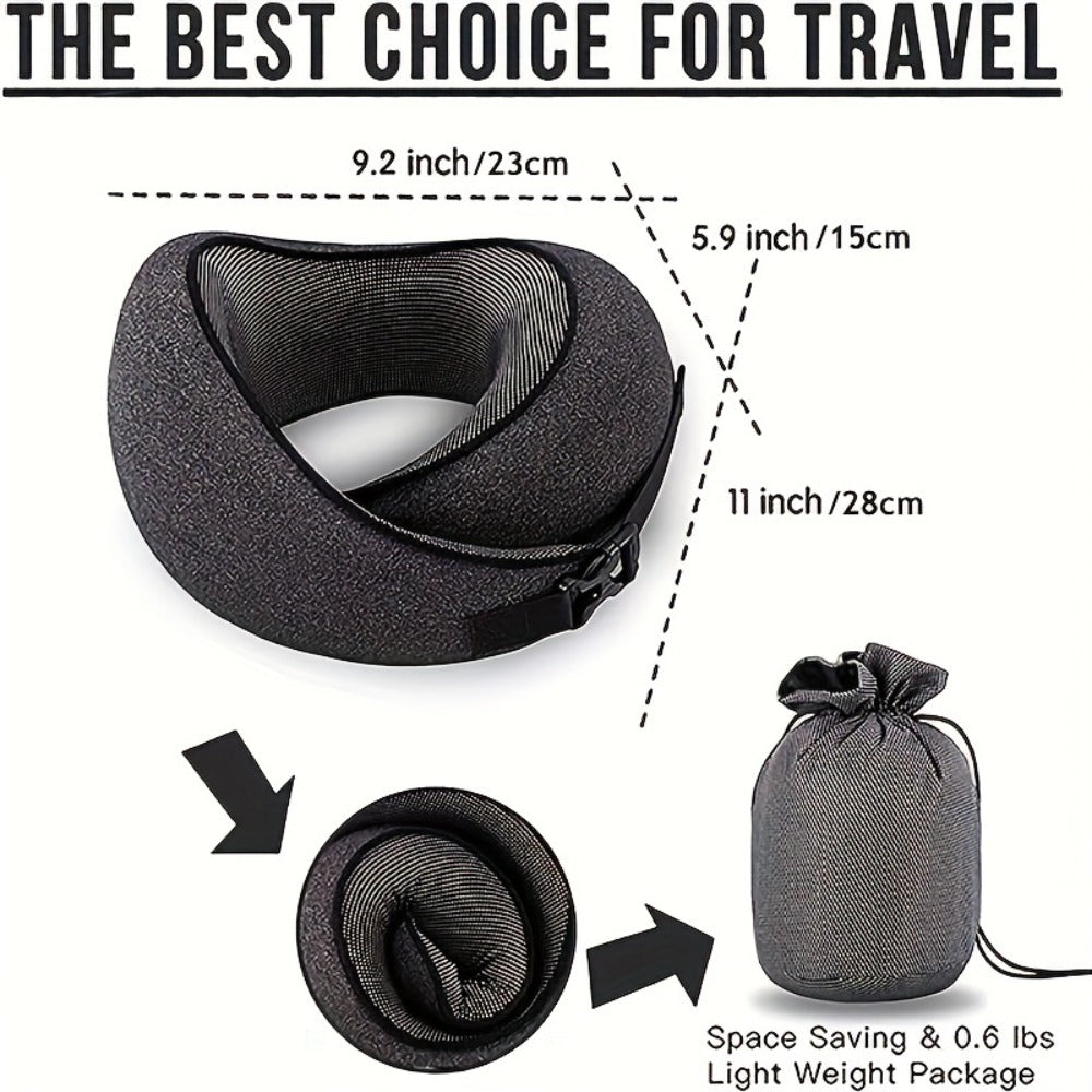 Black Memory Foam Travel Neck Pillow with Front Buckle, 23 × 15 × 28 cm Label, Removable Cover and Carry Bag