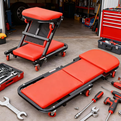 Rolling Mechanic Creeper Stool 300 lb – Foldable Z-Shape 3-in-1 Crawler Seat & Sliding Work Stool with 6 Swivel Casters