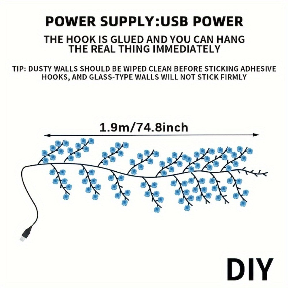 Cherry Blossom LED Fairy Lights USB Powered, 96-Light Faux Floral Garland, Dimmable & Cool White