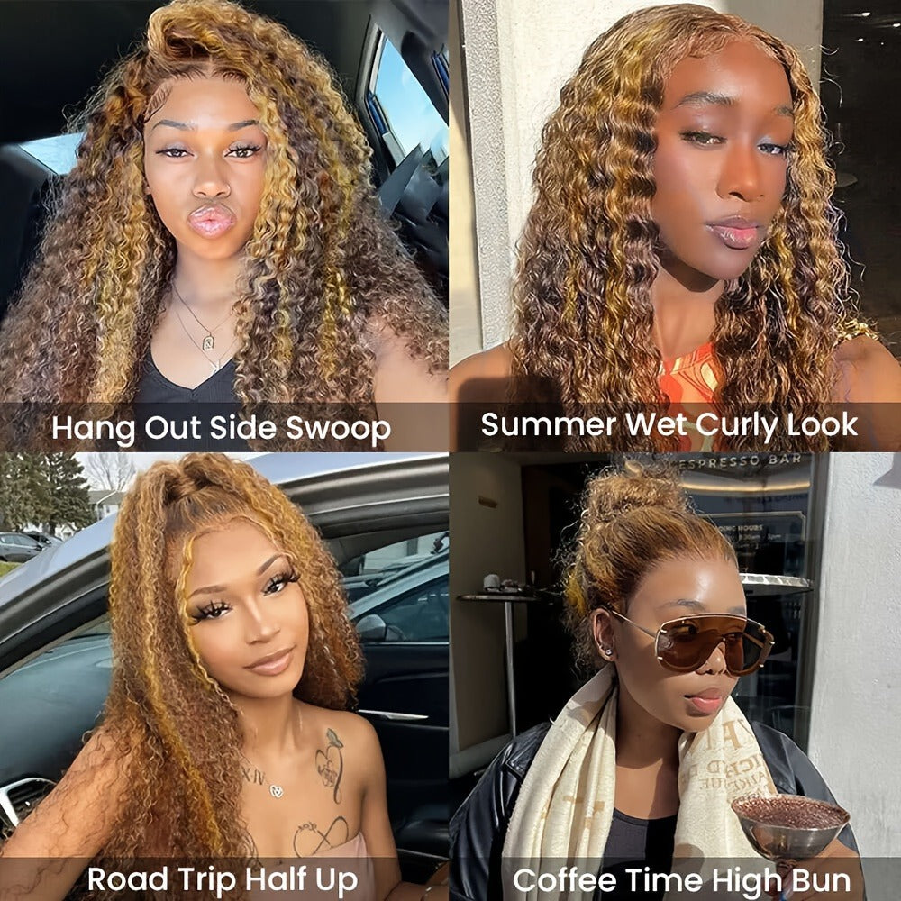 Wig Long Deep-Wave Honey Blonde Ombre, 28-Inch Synthetic Fiber with 13x4 Lace Front and Glueless Cap