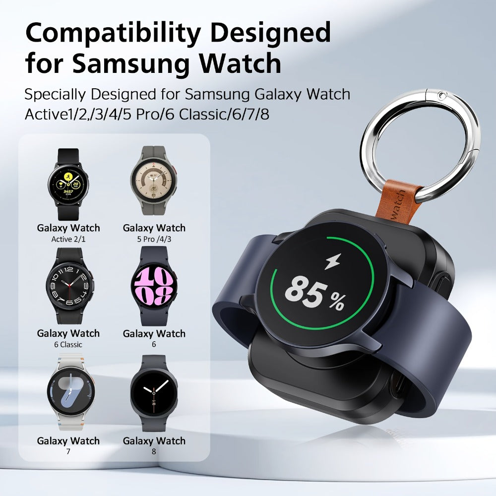 Portable Galaxy Watch-Compatible Charging Case with Keyring, Internal Ring Cradle and Black or White Housing
