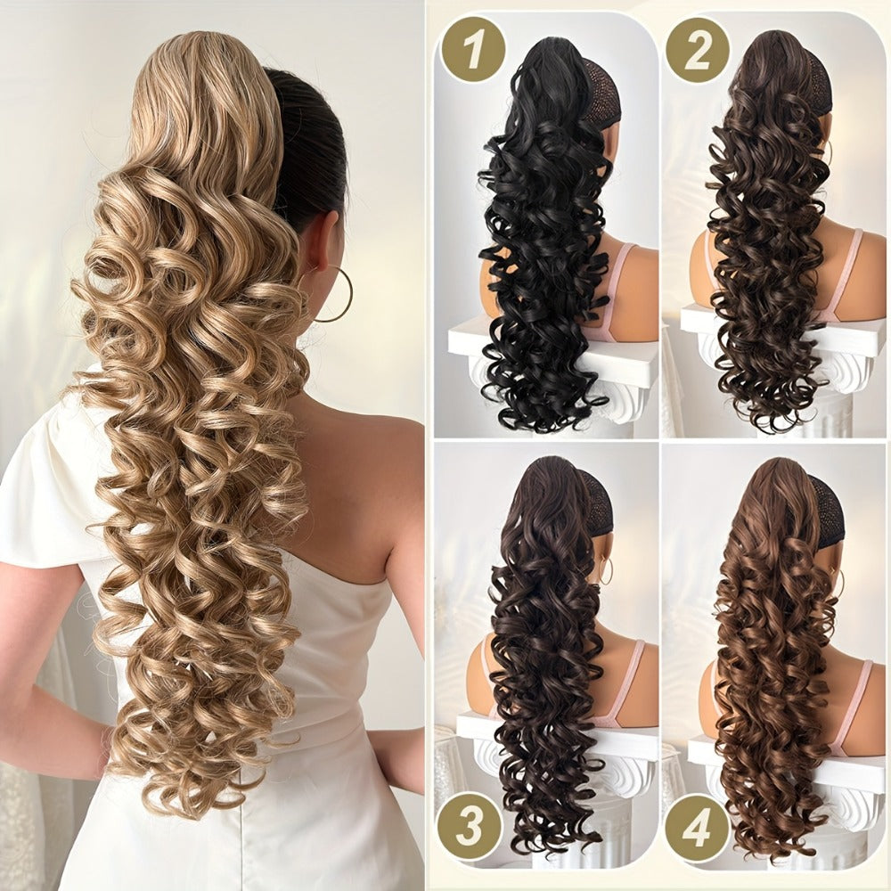 Curly Ponytail Extension 28 Inch Long Heat Resistant Synthetic Clip In Wrap Around Hairpiece Voluminous Bouncy Curls 4 Styles for Women