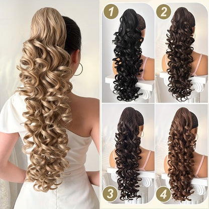 Curly Ponytail Extension 28 Inch Long Heat Resistant Synthetic Clip In Wrap Around Hairpiece Voluminous Bouncy Curls 4 Styles for Women