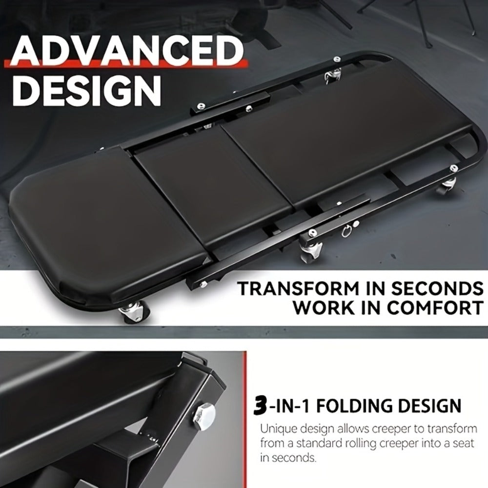 Rolling Mechanic Creeper Stool 300 lb – Foldable Z-Shape 3-in-1 Crawler Seat & Sliding Work Stool with 6 Swivel Casters