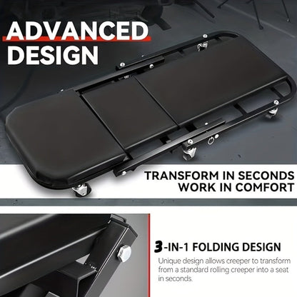 Rolling Mechanic Creeper Stool 300 lb – Foldable Z-Shape 3-in-1 Crawler Seat & Sliding Work Stool with 6 Swivel Casters