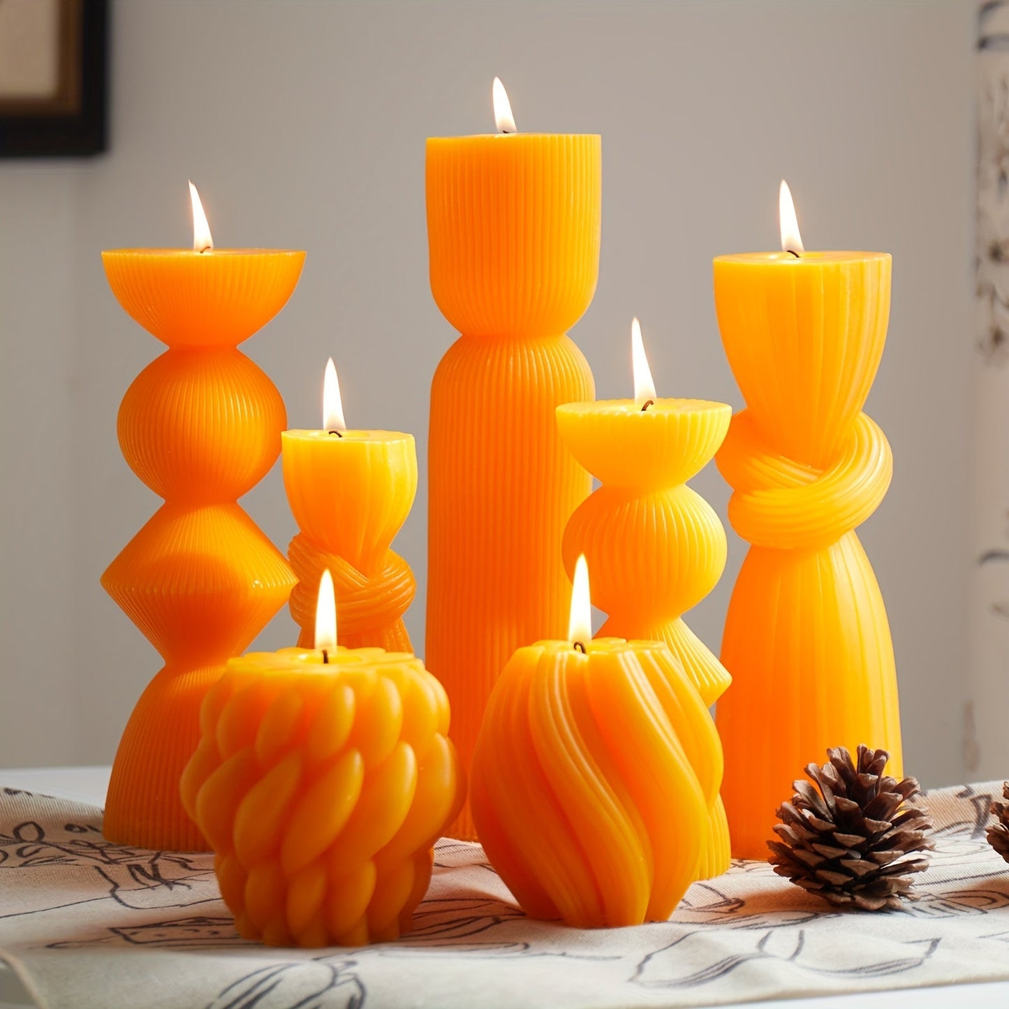 Ribbed Pillar Candles 7-Pack Large Soy Wax, Handmade Aesthetic Pillar Candle Set for Home Decor, Wedding Centerpiece