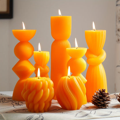 Ribbed Pillar Candles 7-Pack Large Soy Wax, Handmade Aesthetic Pillar Candle Set for Home Decor, Wedding Centerpiece