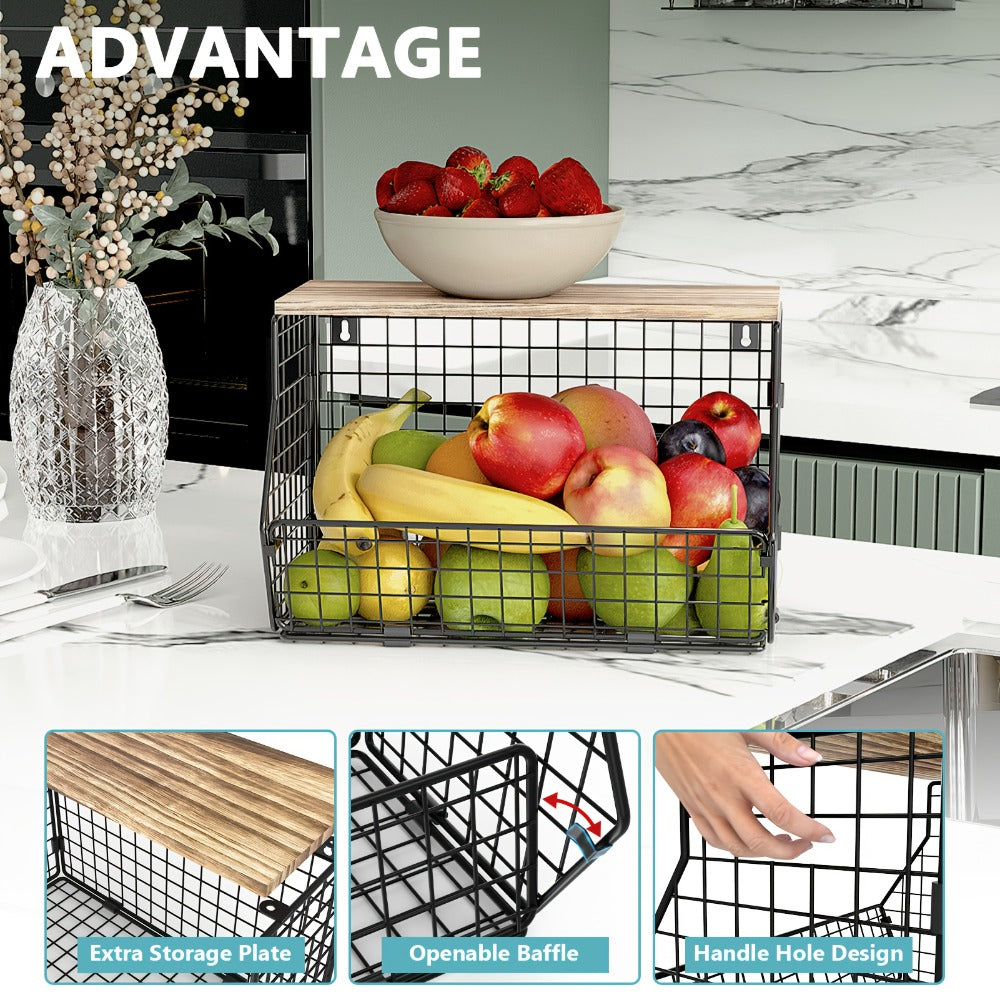 Stackable Metal Wire Fruit Basket with Lid, 1 or 2-Tier Hanging Kitchen Pantry Storage Bin