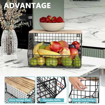 Stackable Metal Wire Fruit Basket with Lid, 1 or 2-Tier Hanging Kitchen Pantry Storage Bin