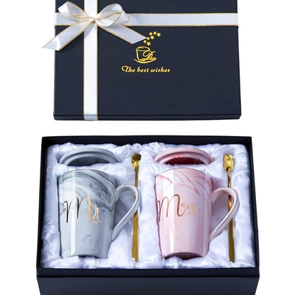 Mr and Mrs Mugs Wedding Gift Set 14oz Ceramic Marble – Bride and Groom Couples Mugs | Bridal Shower Engagement Anniversary Gift | Reusable