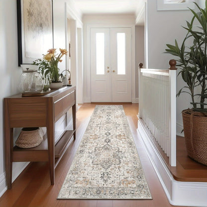 Runner Rug Machine Washable Non-Slip Vintage Hallway Area Rug Low Pile Lightweight Boho Floral for Entryway Kitchen Corridor Light Taupe