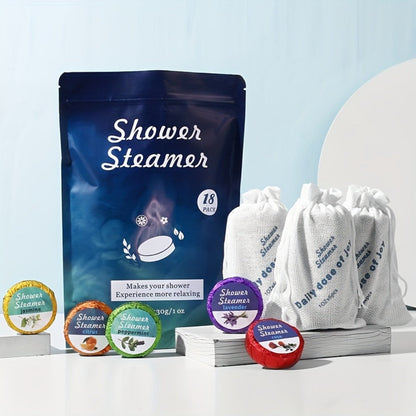 Eighteen Individually Wrapped Shower Steamers with Six Fragrance Labels and 30 g Tablet Packaging