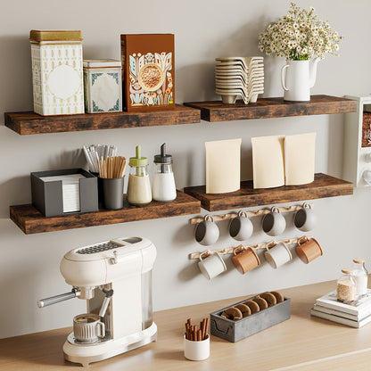 Floating Wall Shelves Set of 4, Retro Style Wall Mounted Shelves with Invisible Brackets for Bathroom Living Room Bedroom Kitchen