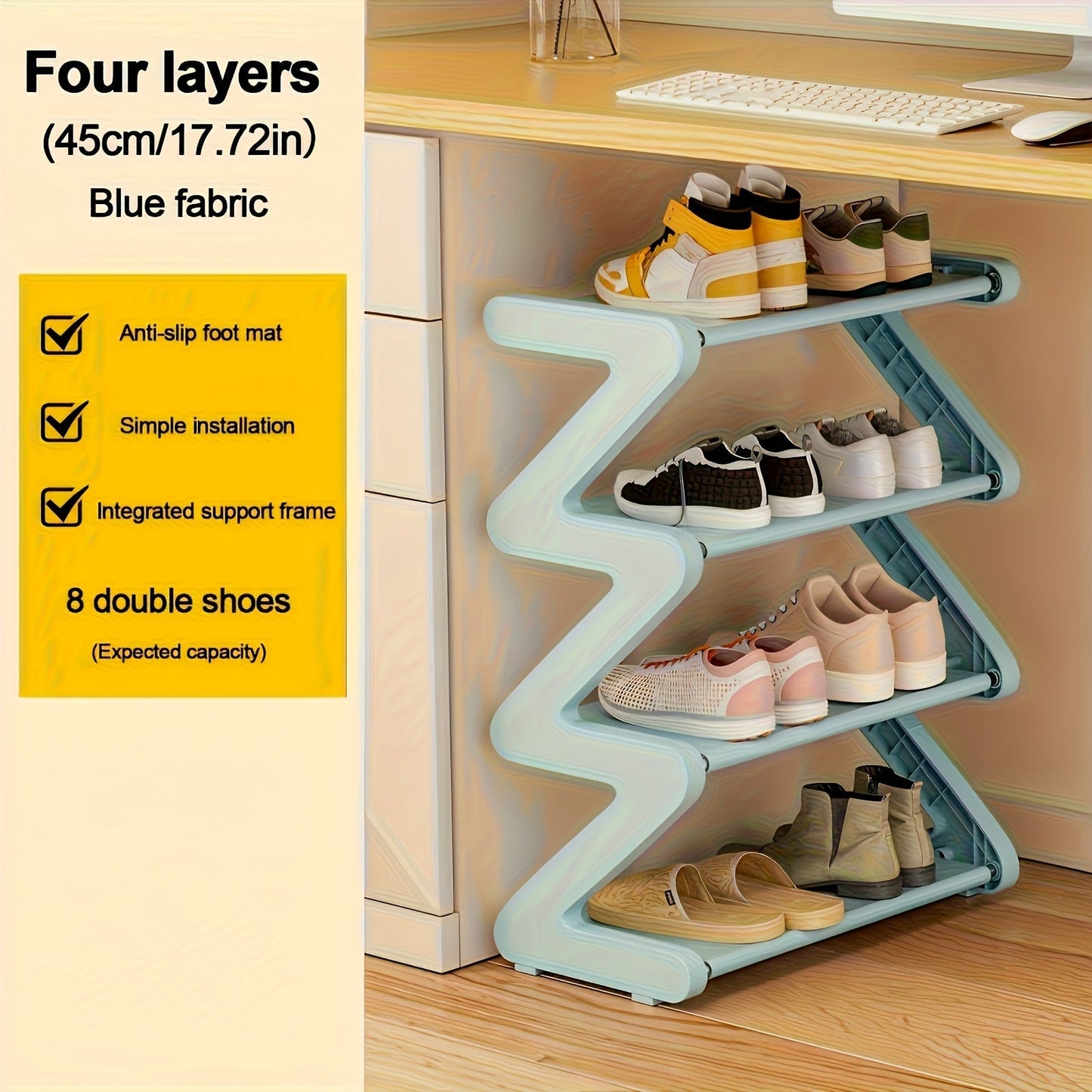 Four-Tier Z-Frame Shoe Rack with Metal Tubes in Graphite Black, Dawn Pink, Gray or Breeze Blue