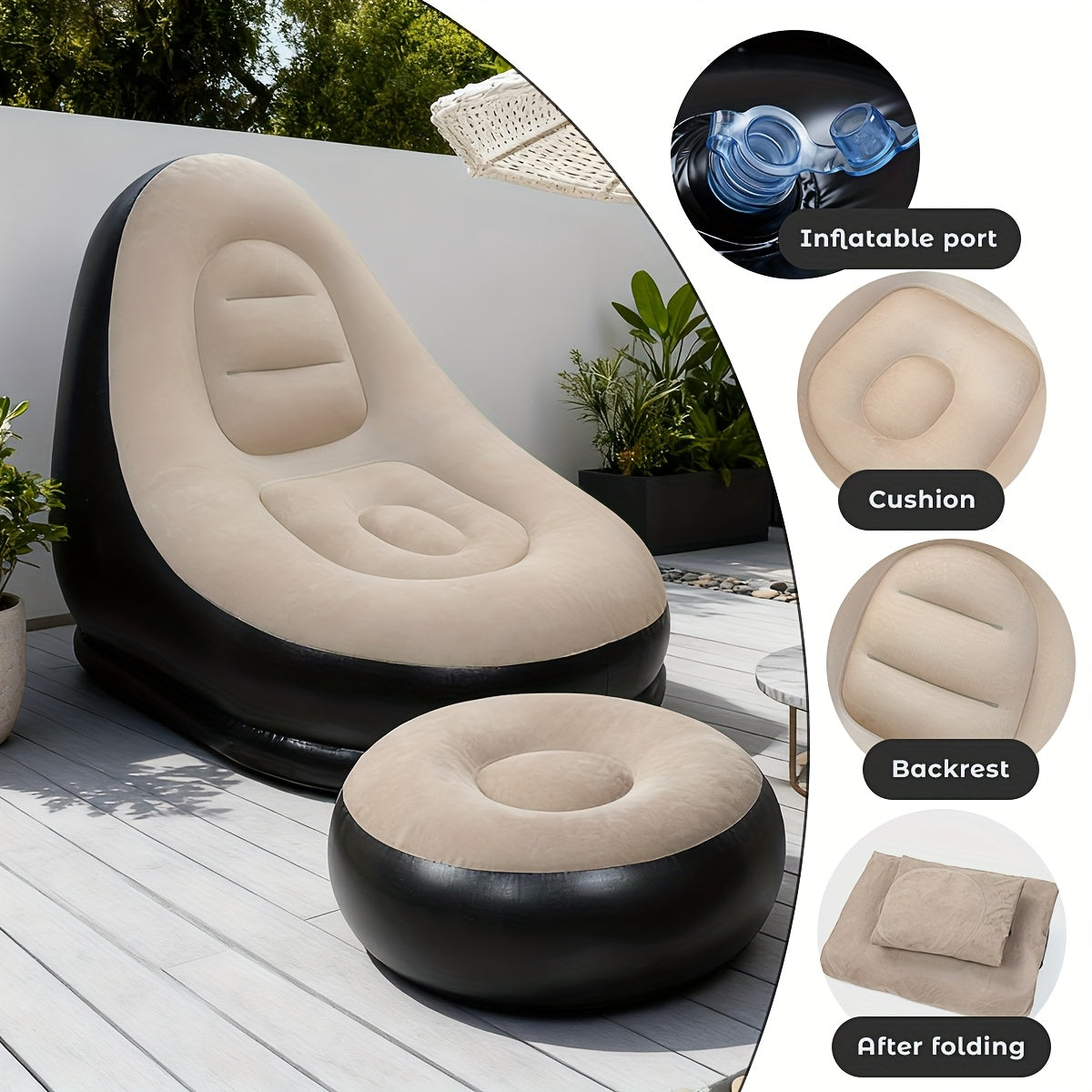 Inflatable Recliner Sofa with Footstool Set – Heavy Duty Portable Folding Air Couch with Plush Fabric & Pump Included