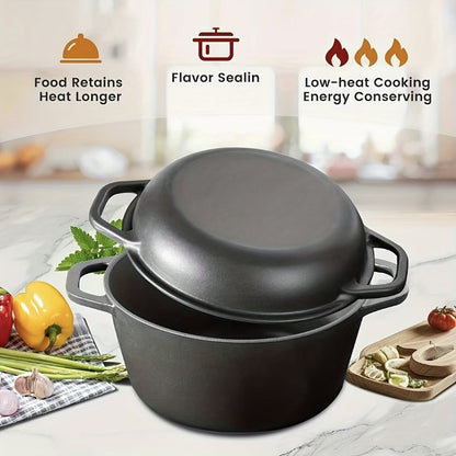 Cast Iron Dutch Oven Set 5.1QT & 7QT with Skillet Lid – Pre-Seasoned 2-in-1 Cookware for Stovetop, Induction, Oven, Campfire & BBQ