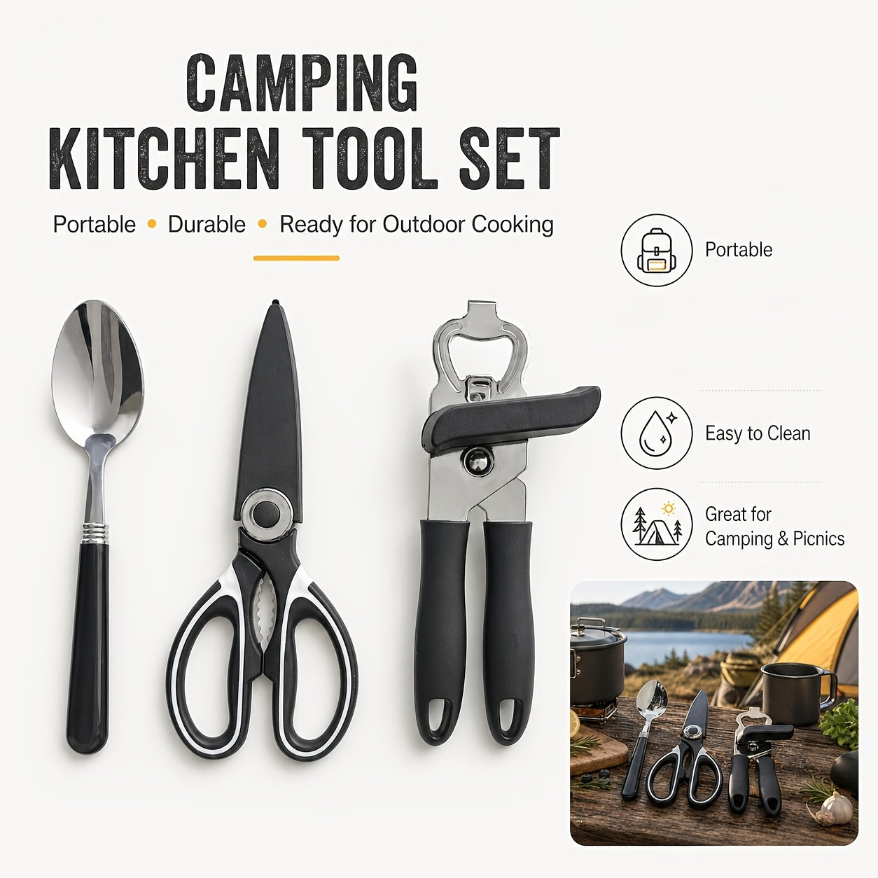 Camping Cookware Set, 10- or 27-Piece Stainless Steel Outdoor Utensil Kit with Knives, Flatware and Organizer Bag