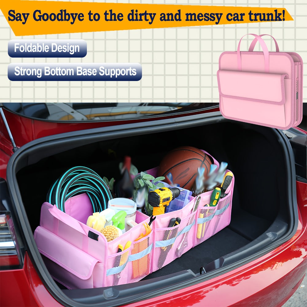 Car Trunk Organizer, 67L Foldable Multi-Compartment Bin with Carry Handles and Pink or Black Color Options