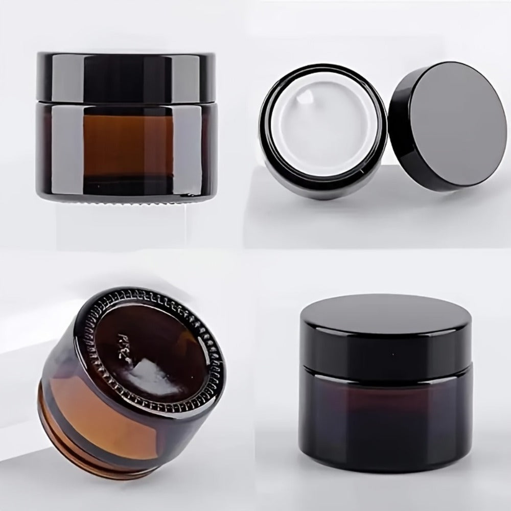 Brown Frosted Glass Jars with Lids 24 Pack – 2 oz Amber Glass Cosmetic Containers with Spoons & Labels, Non-Slip Base