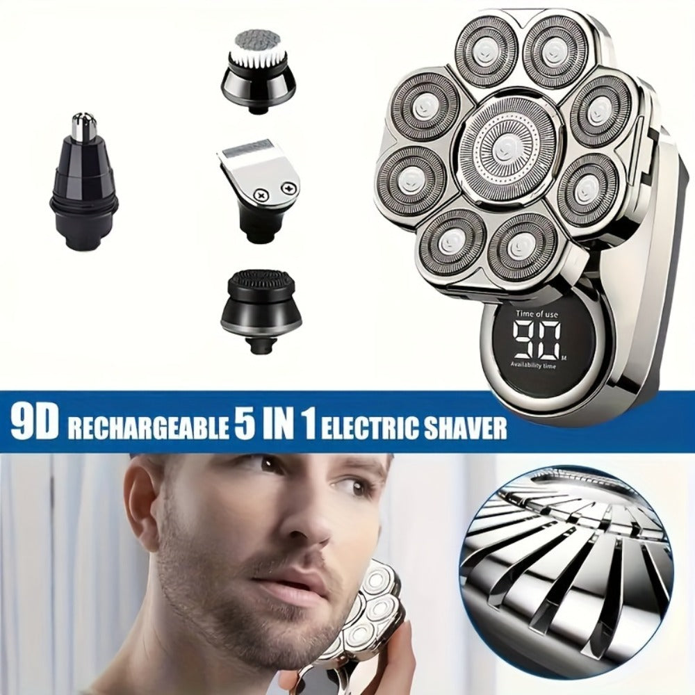 Nine-Head Rotary Electric Shaver Kit with Four Grooming Attachments, LED Display and Silver Finish