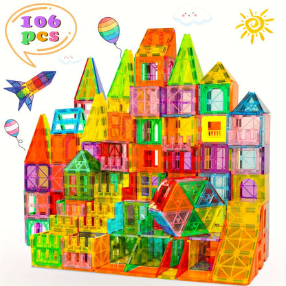 Magnetic Tiles for Kids 106/136pcs with 2 Toy Cars – STEM Approved Educational Magnet Building Blocks Set Stacking Puzzle Toy for Boys