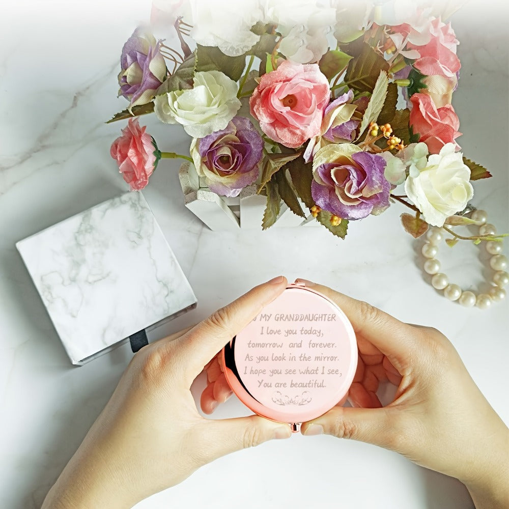 Rose-Gold Granddaughter Compact Mirror with Regular and Magnifying Views, Engraved Message and 2.9 x 2.6-Inch Case
